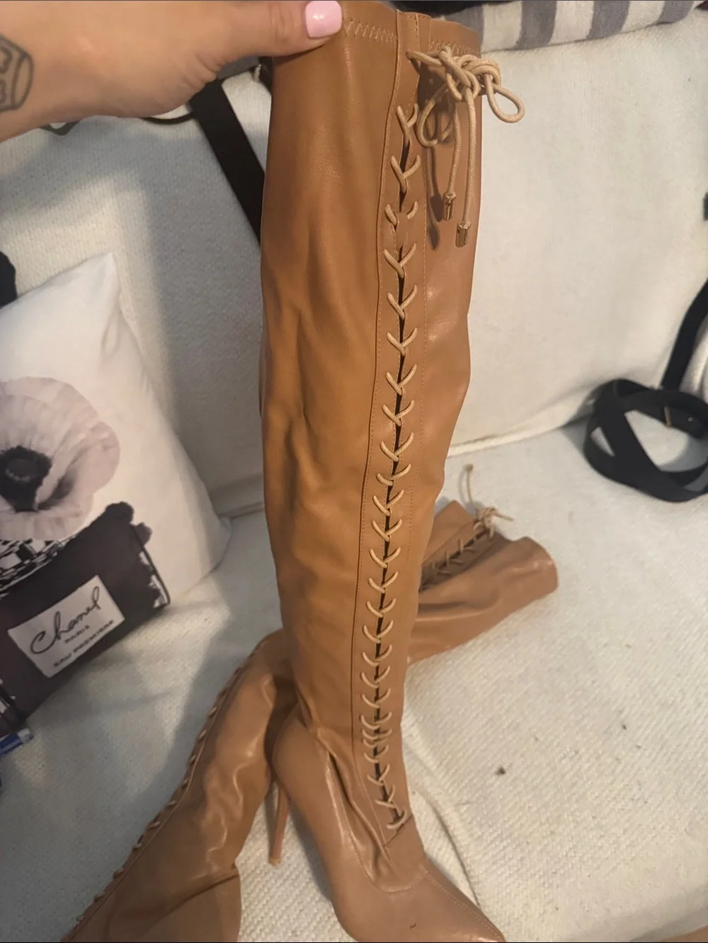 Brown Lace-Up Knee-High Stiletto Boots